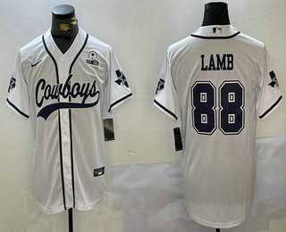 Mens Dallas Cowboys #88 CeeDee Lamb White With 1960 Patch Cool Base Stitched Baseball Jersey